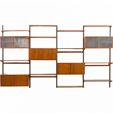 Four-bay teak wall unit by K. Kristiansen for FM Mobler, 1960s