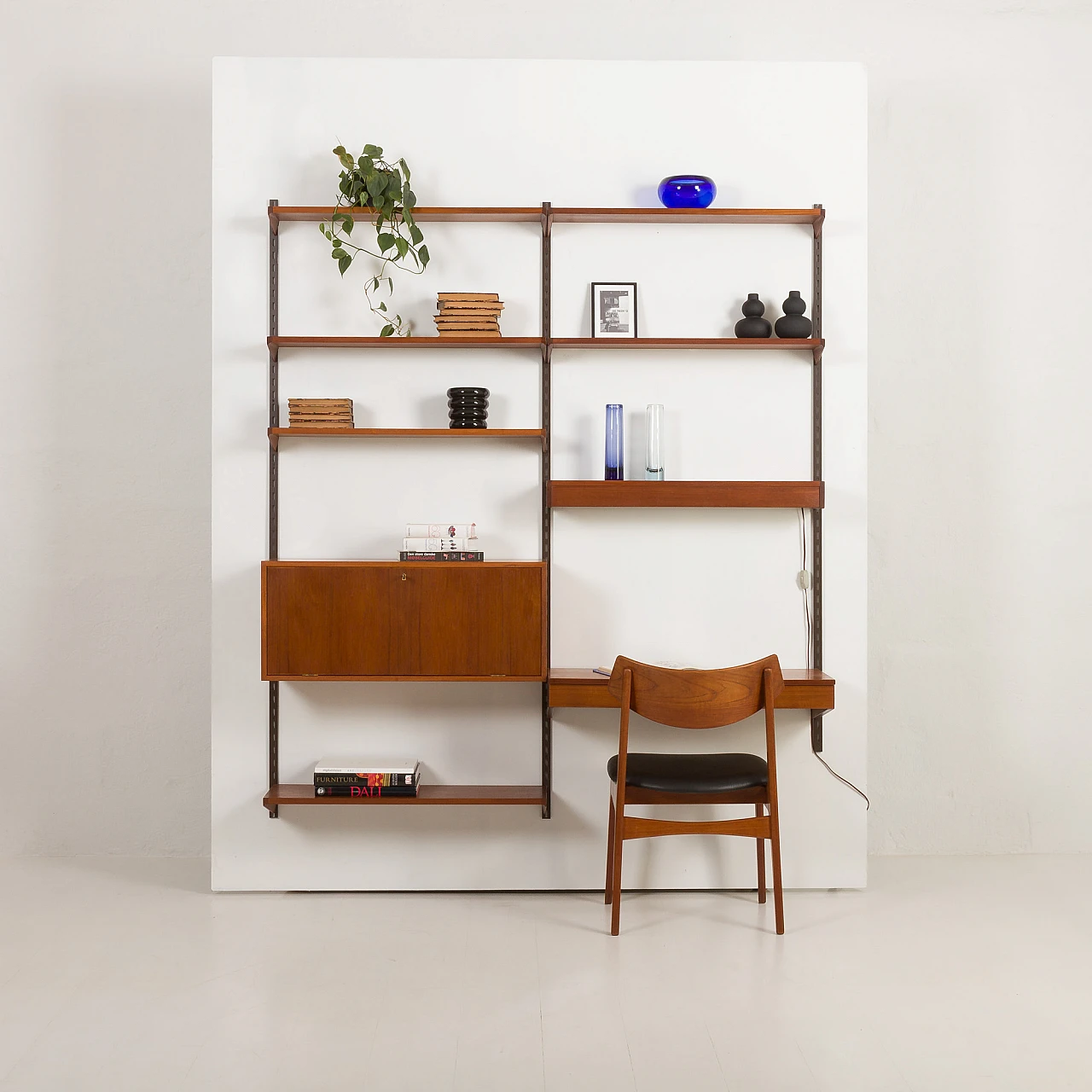 Teak wall unit with desk and lamp by K. Kristiansen, 1960s 1