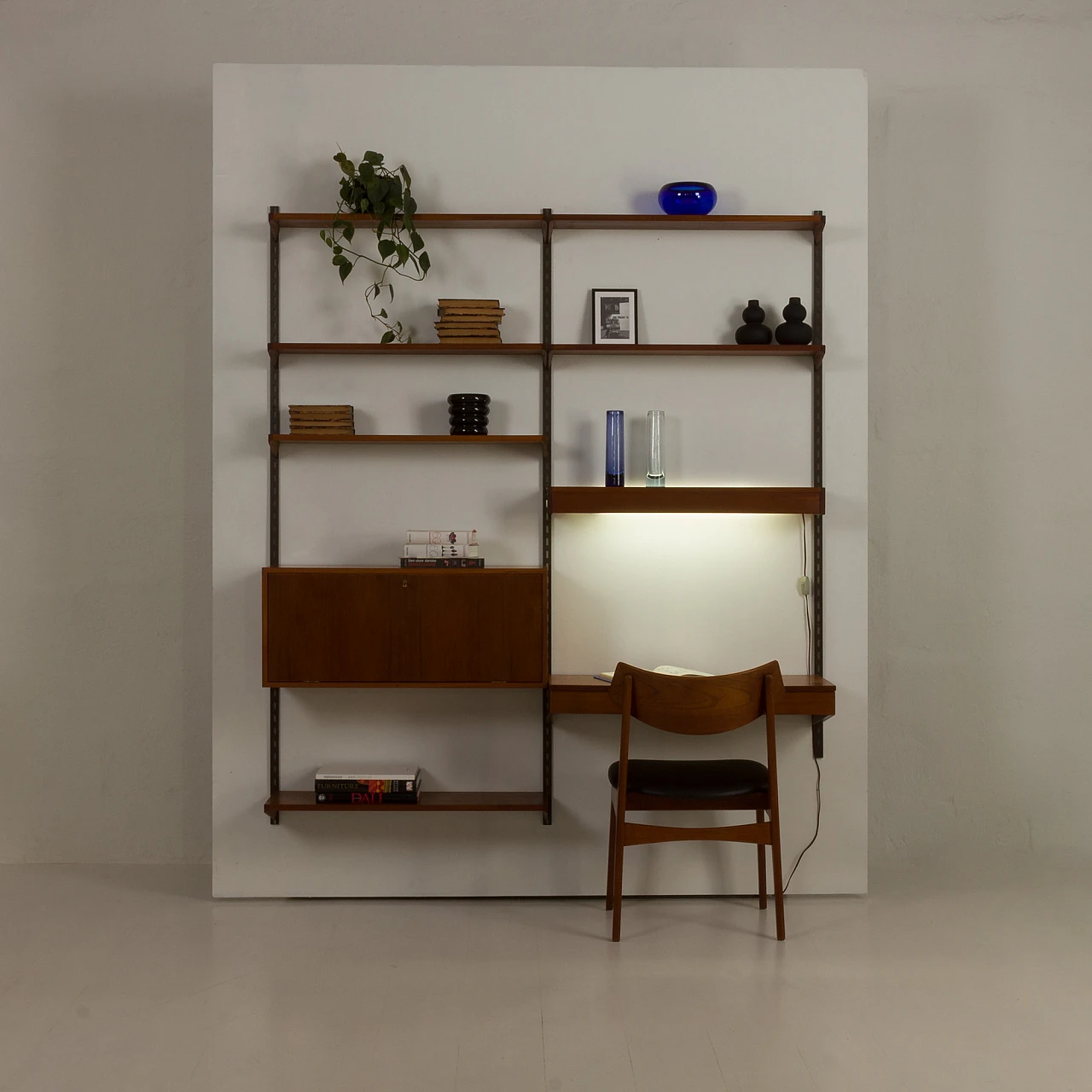 Teak wall unit with desk and lamp by K. Kristiansen, 1960s 3