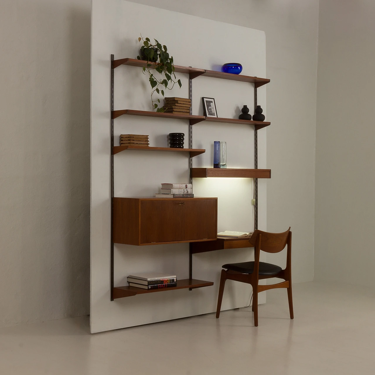 Teak wall unit with desk and lamp by K. Kristiansen, 1960s 4