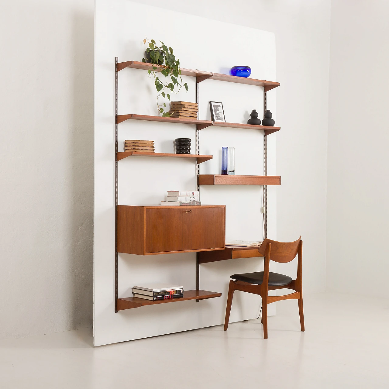 Teak wall unit with desk and lamp by K. Kristiansen, 1960s 5