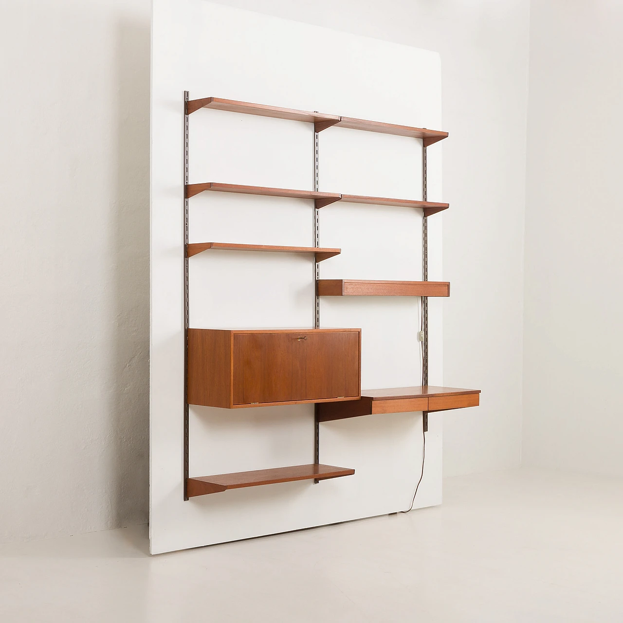 Teak wall unit with desk and lamp by K. Kristiansen, 1960s 6