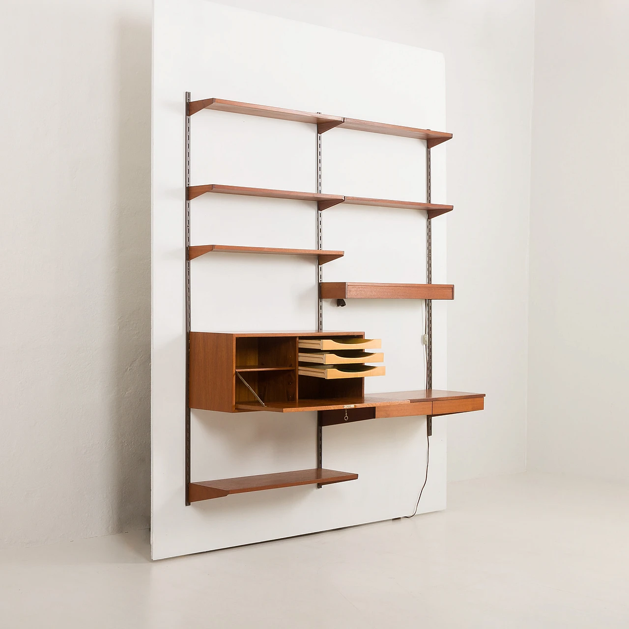 Teak wall unit with desk and lamp by K. Kristiansen, 1960s 7