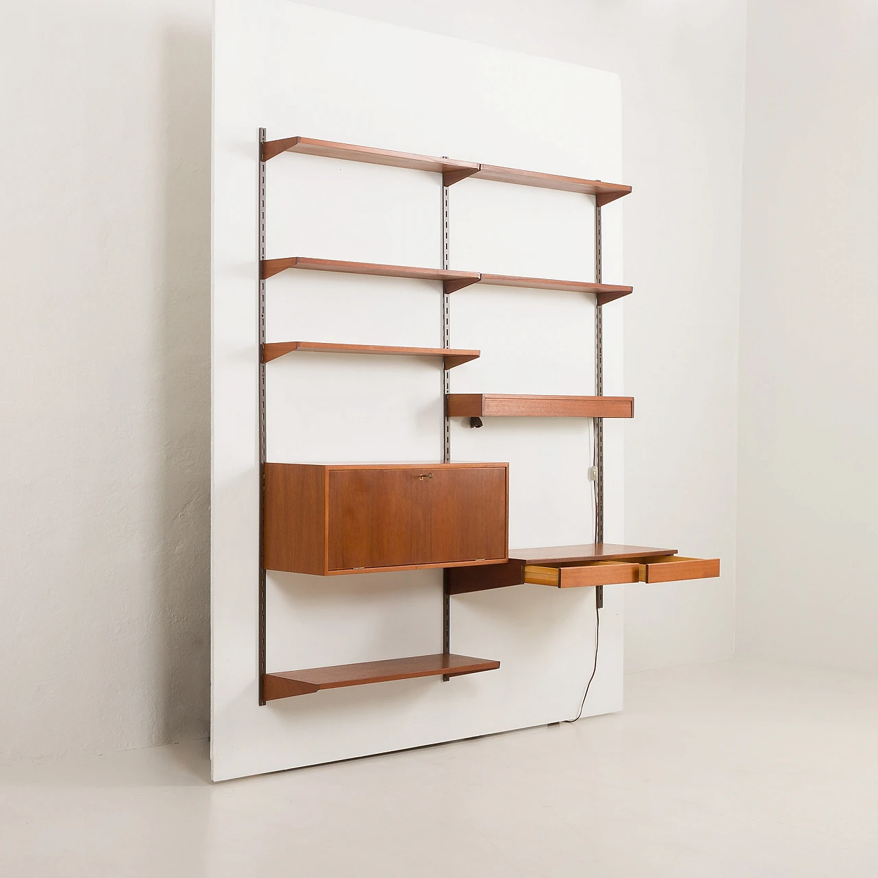 Teak wall unit with desk and lamp by K. Kristiansen, 1960s 8