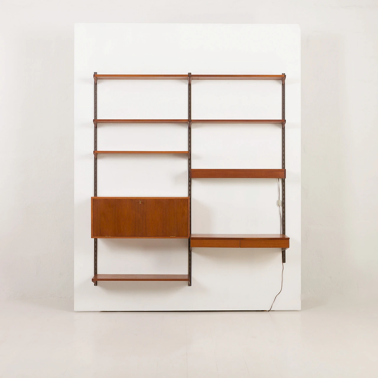 Teak wall unit with desk and lamp by K. Kristiansen, 1960s 9