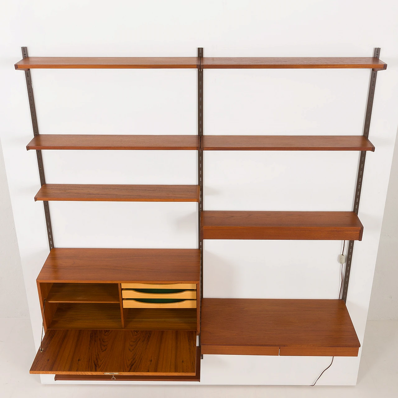 Teak wall unit with desk and lamp by K. Kristiansen, 1960s 11