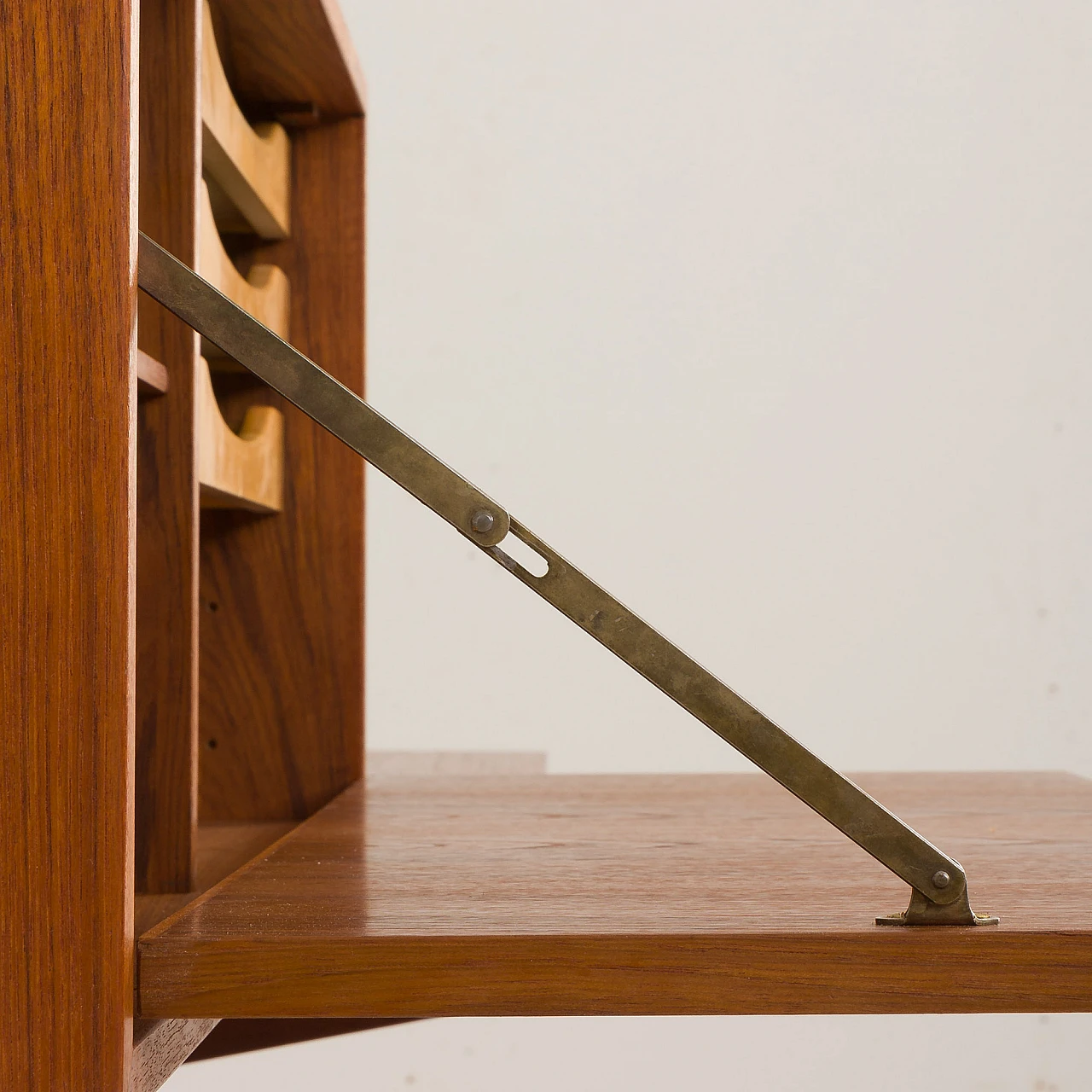 Teak wall unit with desk and lamp by K. Kristiansen, 1960s 12