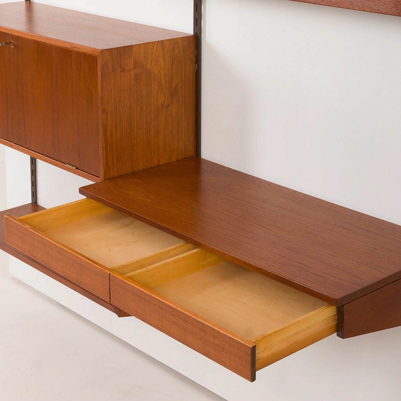 Teak wall unit with desk and lamp by K. Kristiansen, 1960s 15