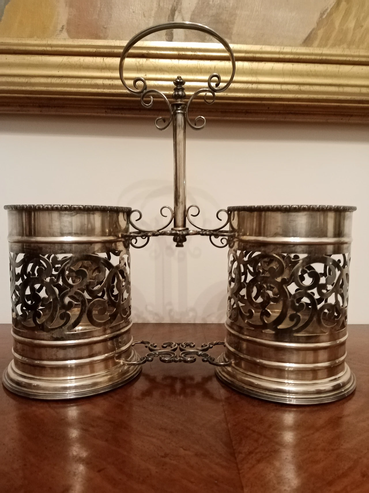 800 century silver bottle rack with two baskets, 1950s 1