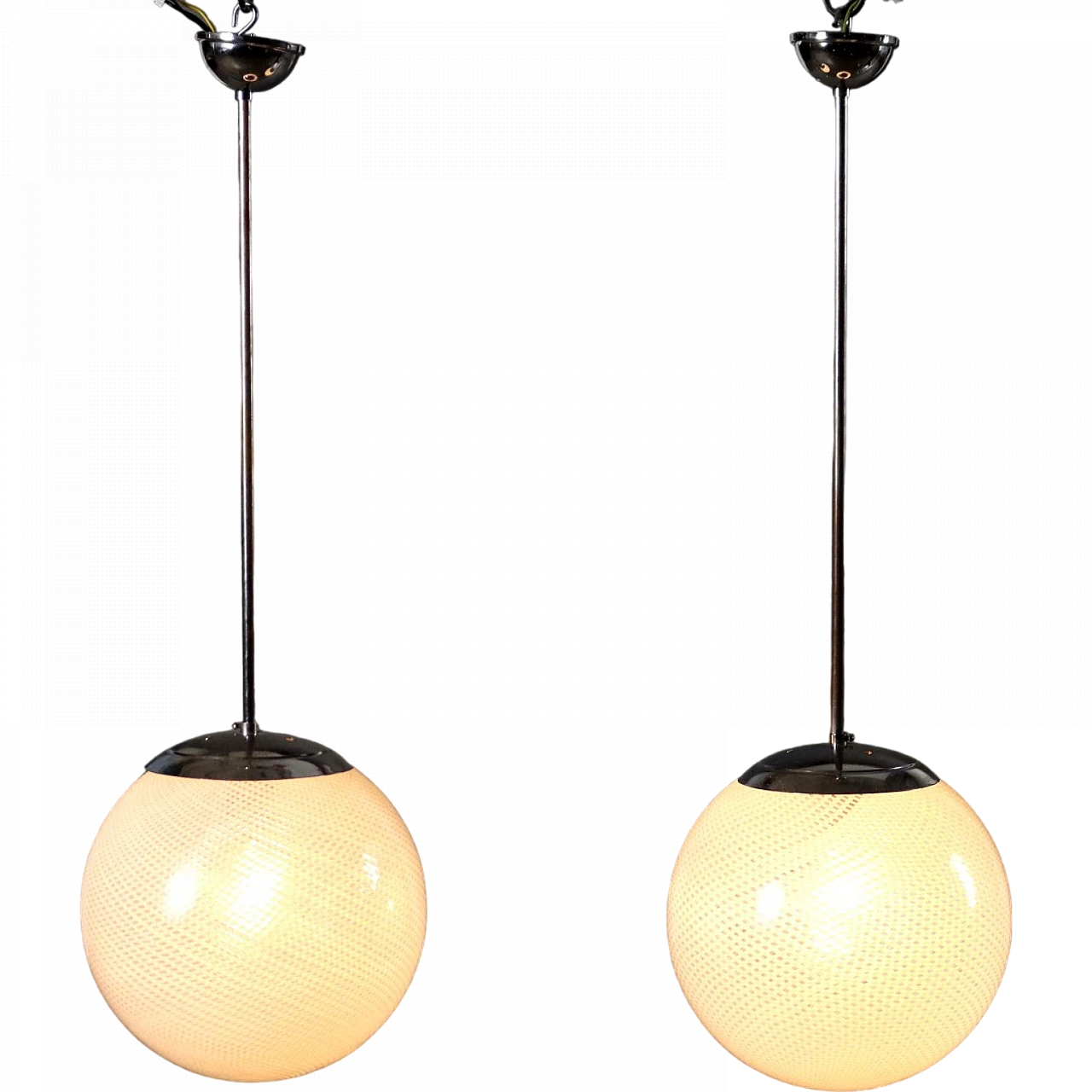 Pair of metal chandeliers with worked glass spheres, 1960s 8