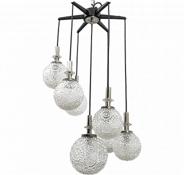 Cascade chandelier with chromed and black base & glass spheres