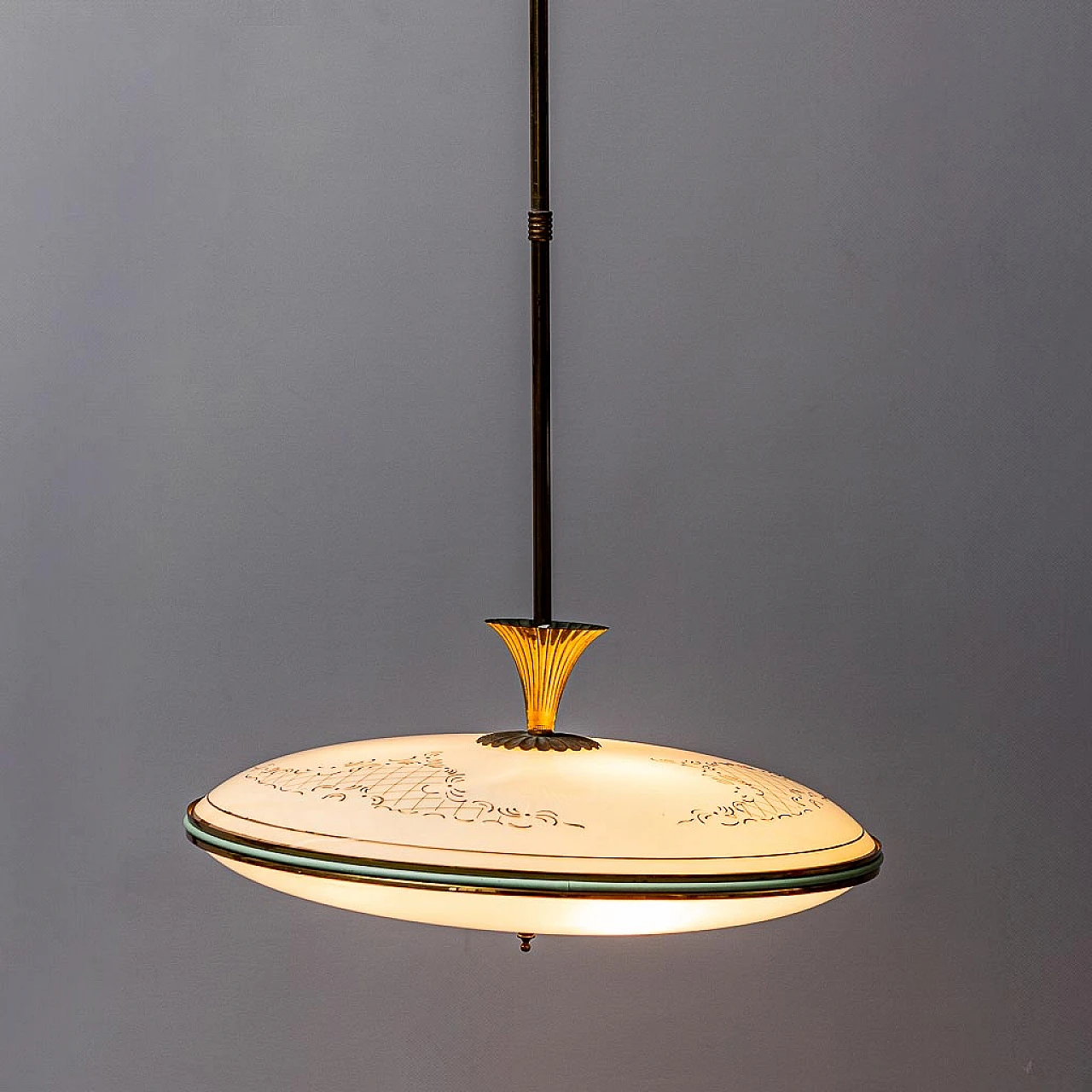 Circular glass and brass chandelier, 1950s 6