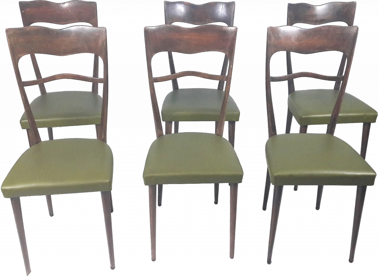 6 Beech wood chairs with green skai seat in Borsani style, 1950s 4