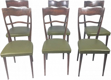 6 Beech wood chairs with green skai seat in Borsani style, 1950s