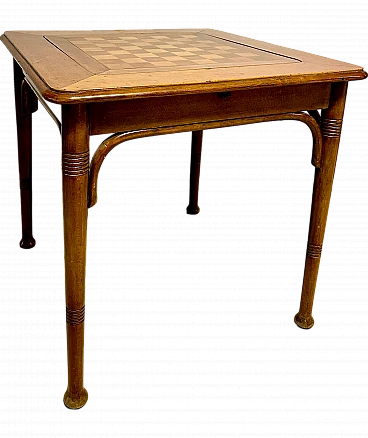 Wooden gaming table with chessboard and green fabric, 1930s