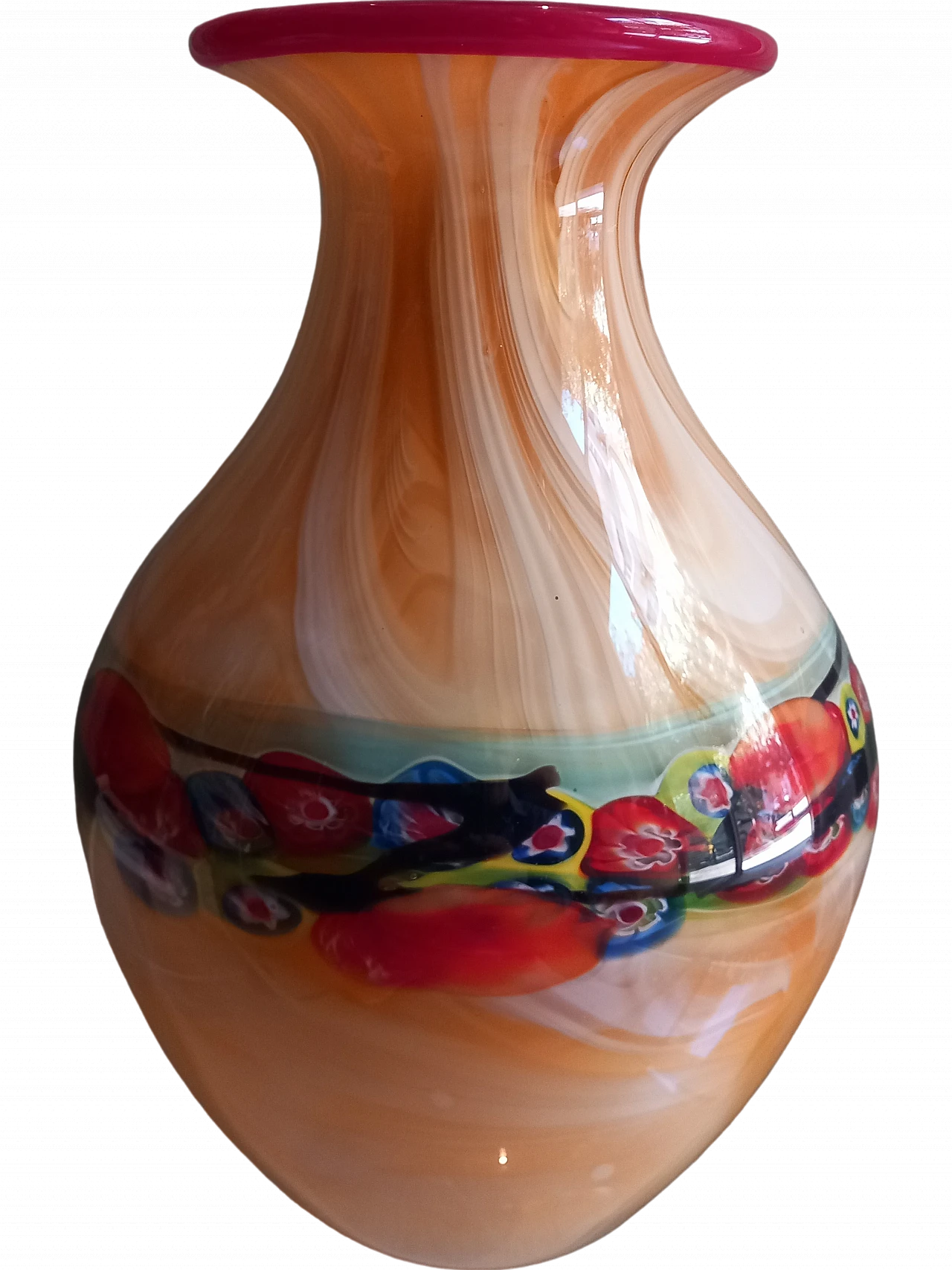 Vaso in pasta di vetro di Murano con fascia centrale millefiori, 1985 7