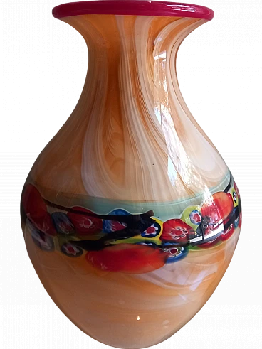 Vaso in pasta di vetro di Murano con fascia centrale millefiori, 1985