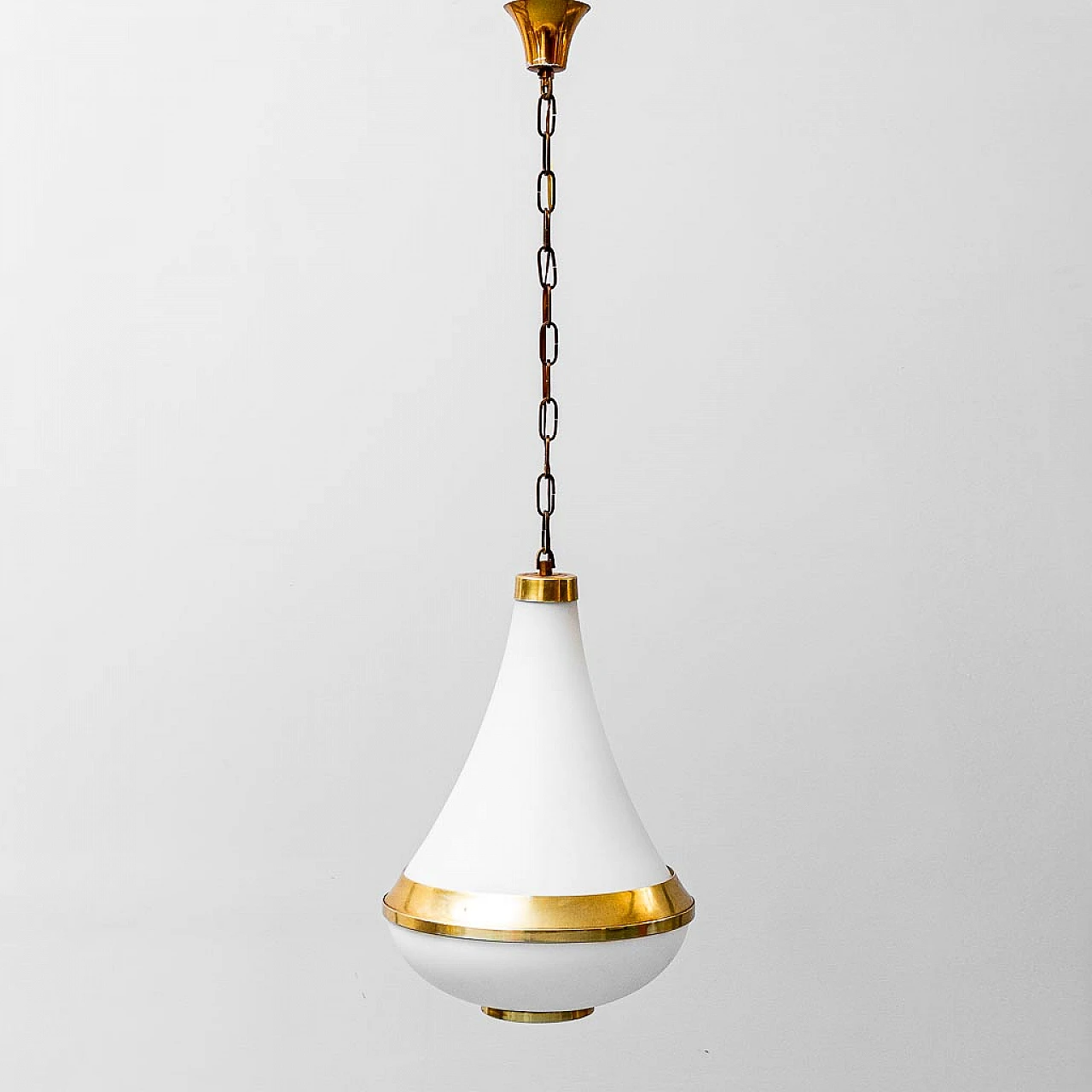 Drop-shaped opaline glass and brass chandelier, 1950s 1