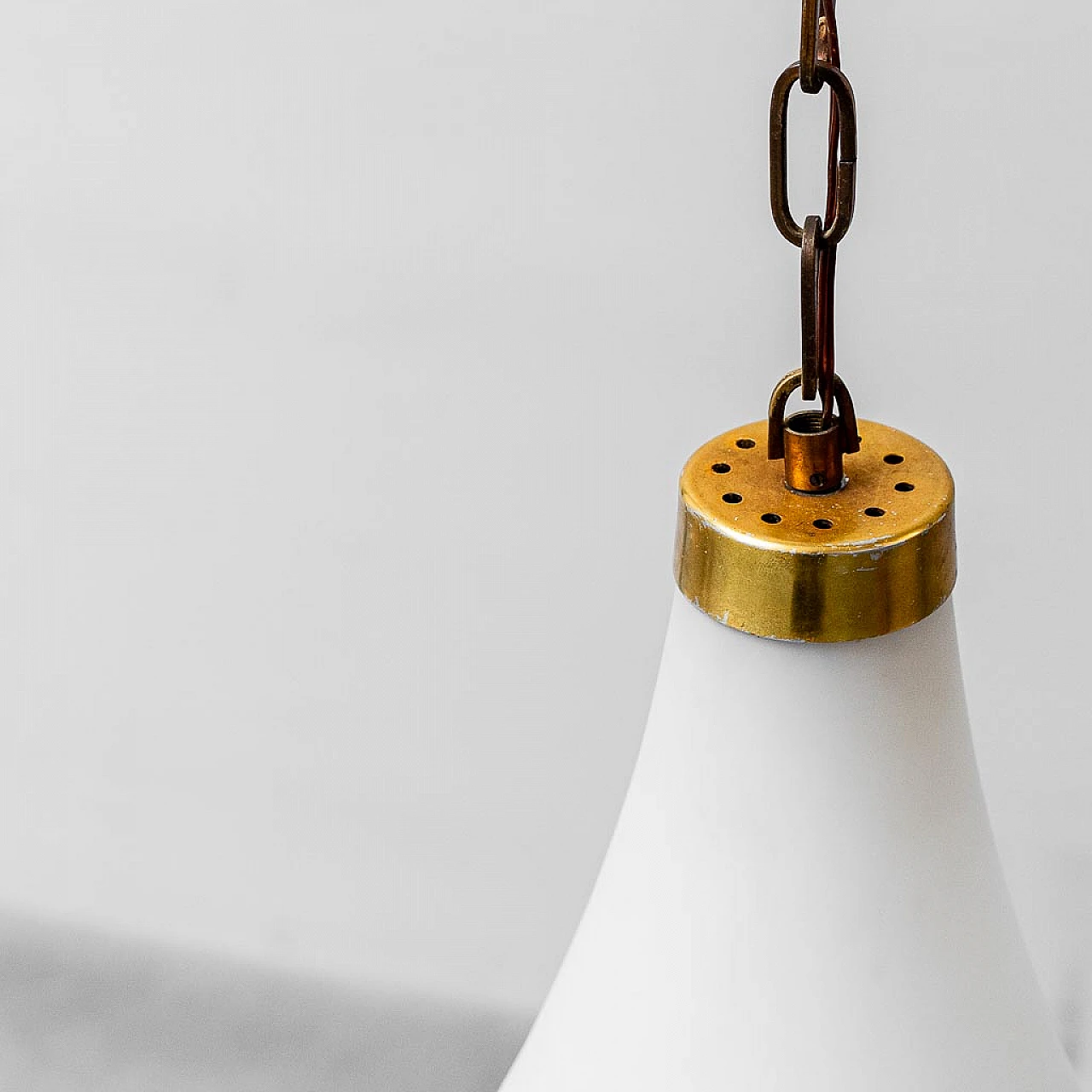 Drop-shaped opaline glass and brass chandelier, 1950s 2