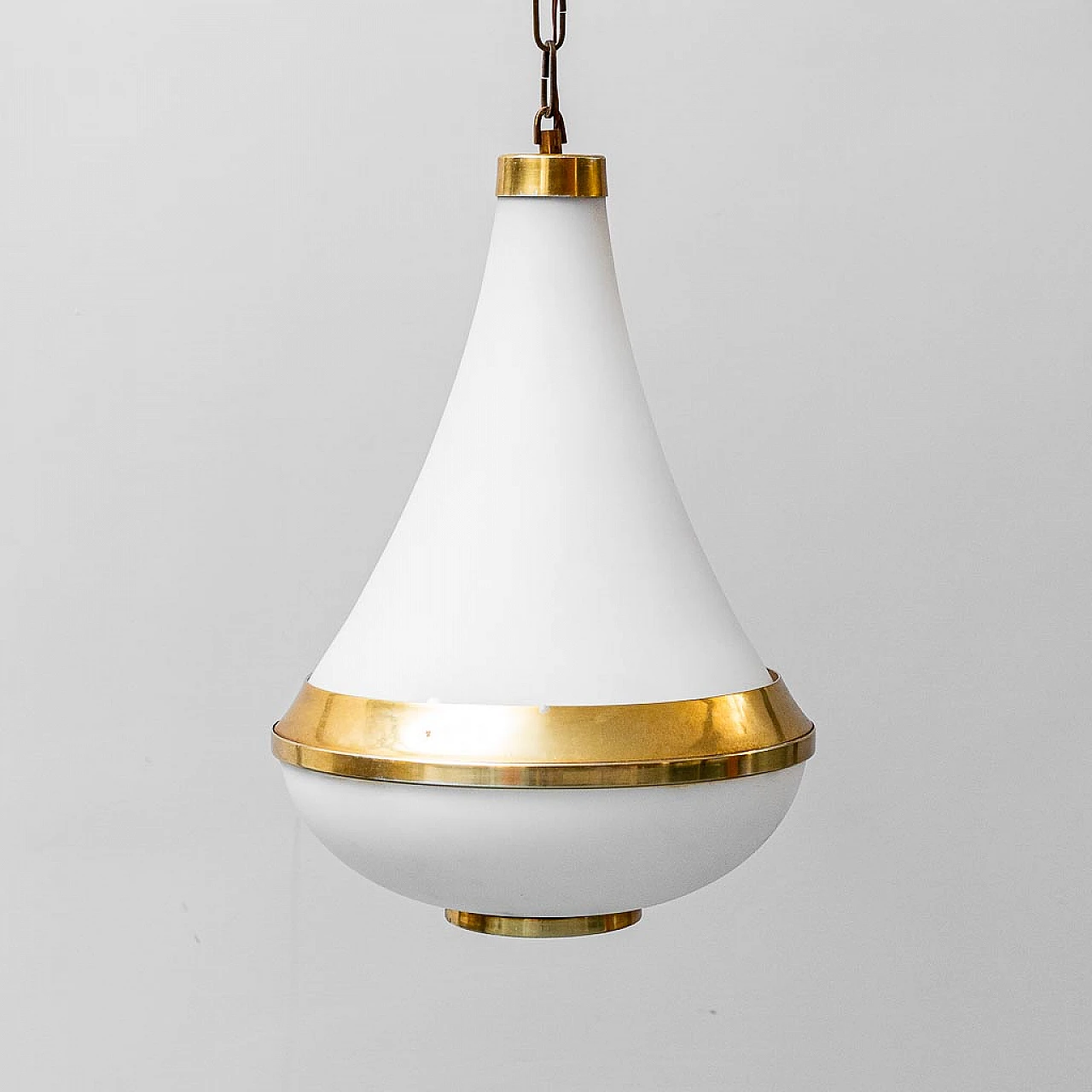 Drop-shaped opaline glass and brass chandelier, 1950s 3