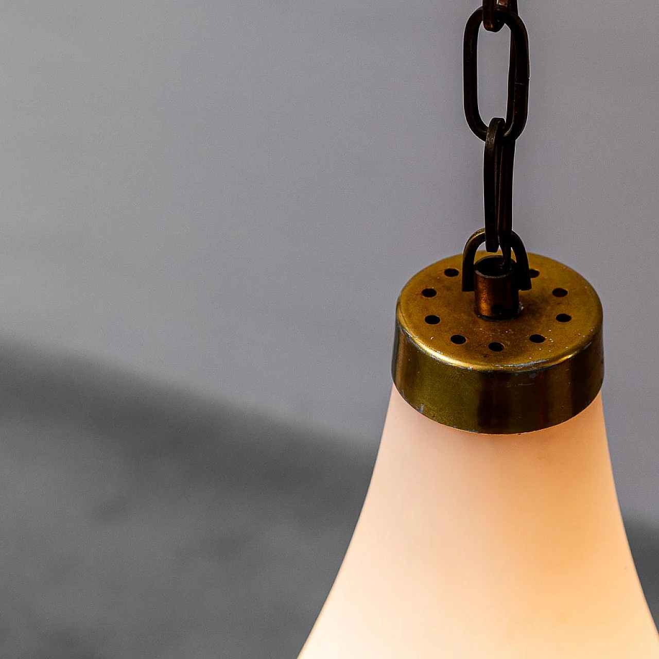 Drop-shaped opaline glass and brass chandelier, 1950s 5