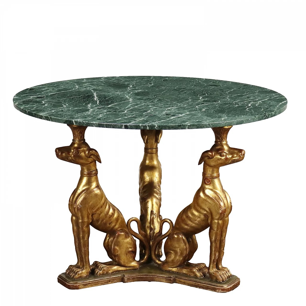 Marble round table with wooden greyhound sculptures,early 20th century 1