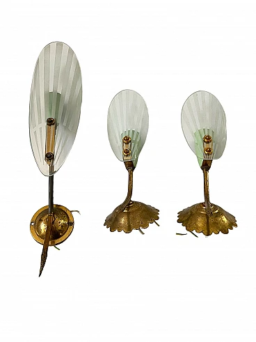 3 Glass and brass wall sconces, 1950s