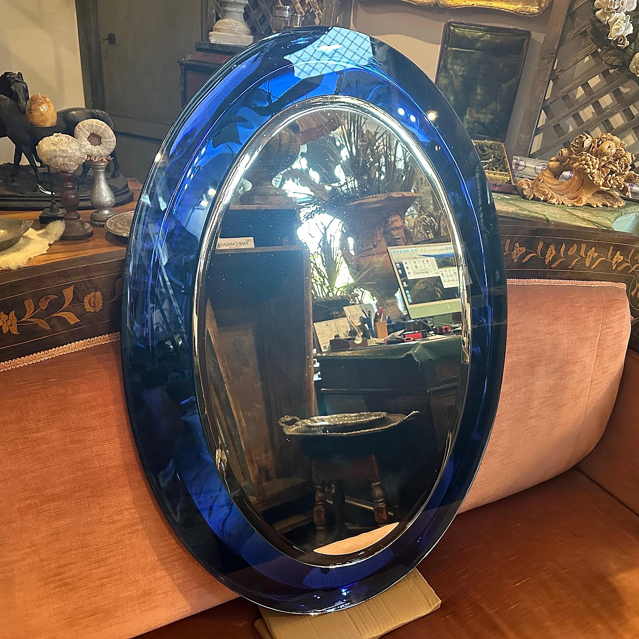 Blue oval wall mirror by Metalvetro Siena, 1970s 2