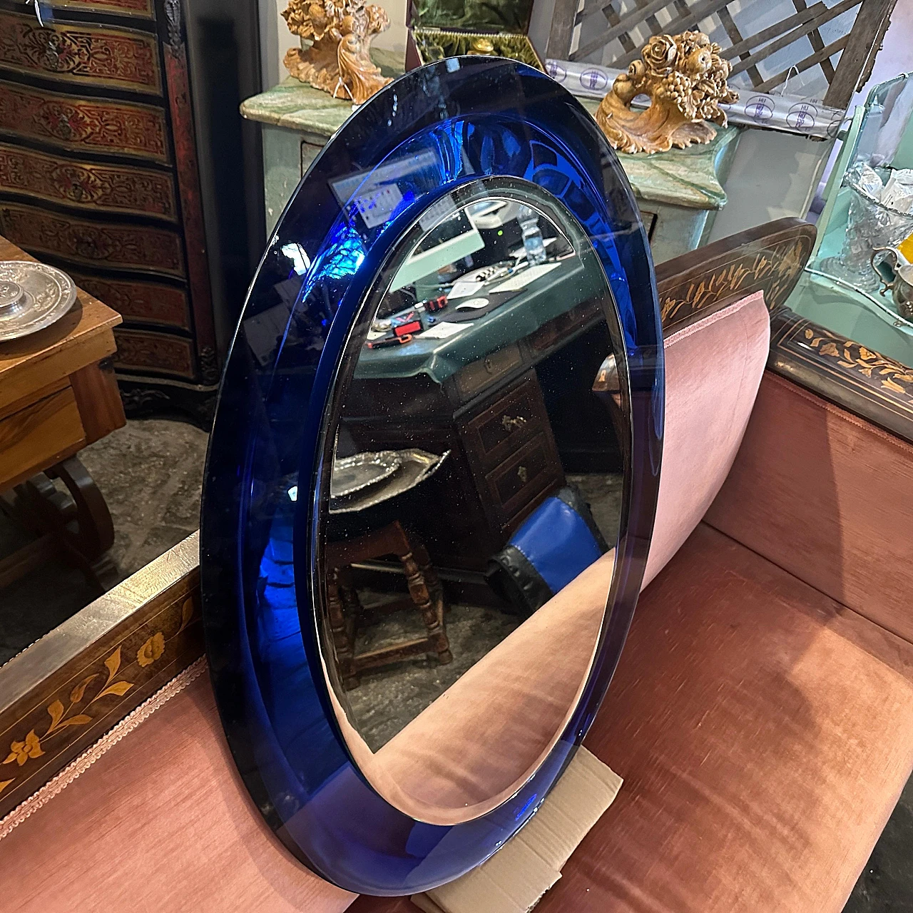 Blue oval wall mirror by Metalvetro Siena, 1970s 3