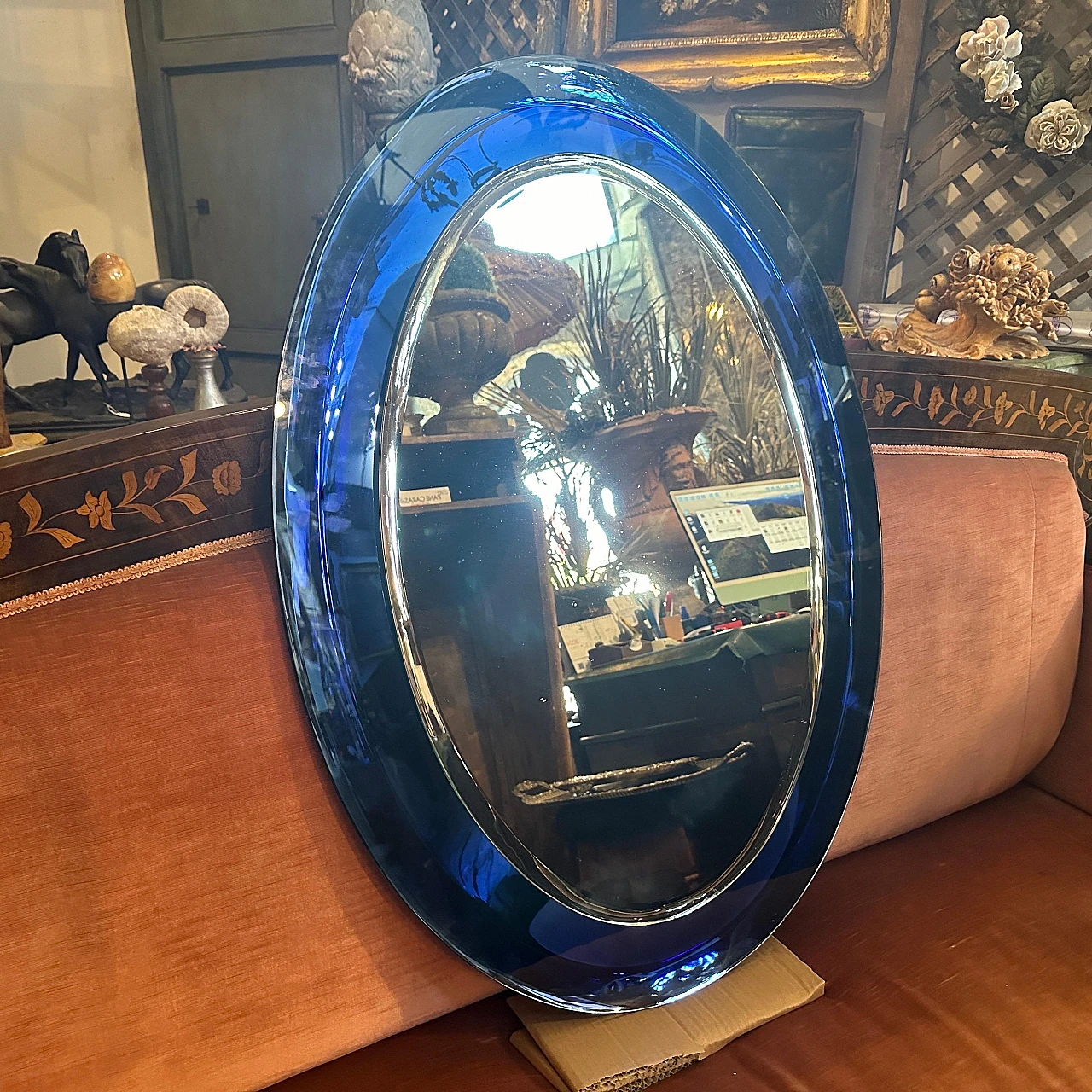 Blue oval wall mirror by Metalvetro Siena, 1970s 5