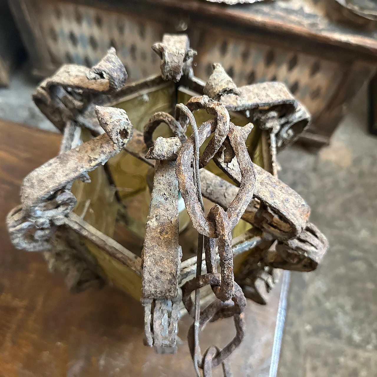 Brutalist iron and yellow glass chandelier, 1960s 7