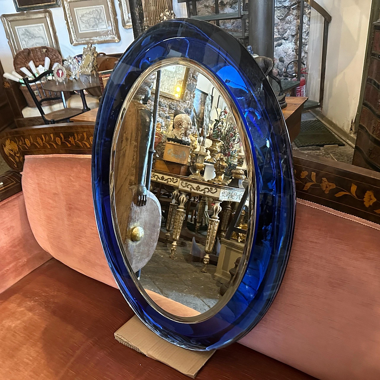 Blue oval wall mirror by Metalvetro Siena, 1970s 7