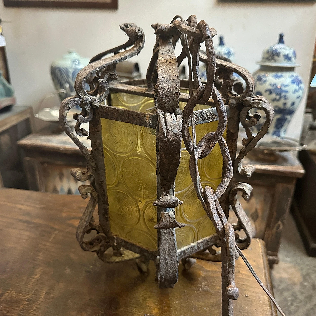 Brutalist iron and yellow glass chandelier, 1960s 8