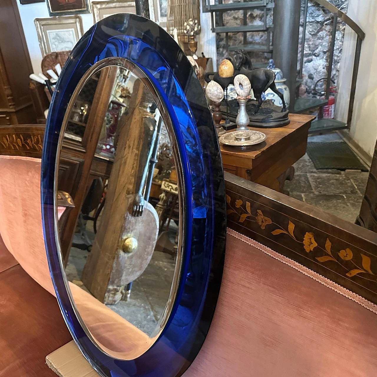 Blue oval wall mirror by Metalvetro Siena, 1970s 8