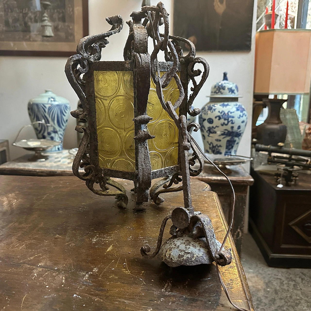 Brutalist iron and yellow glass chandelier, 1960s 9