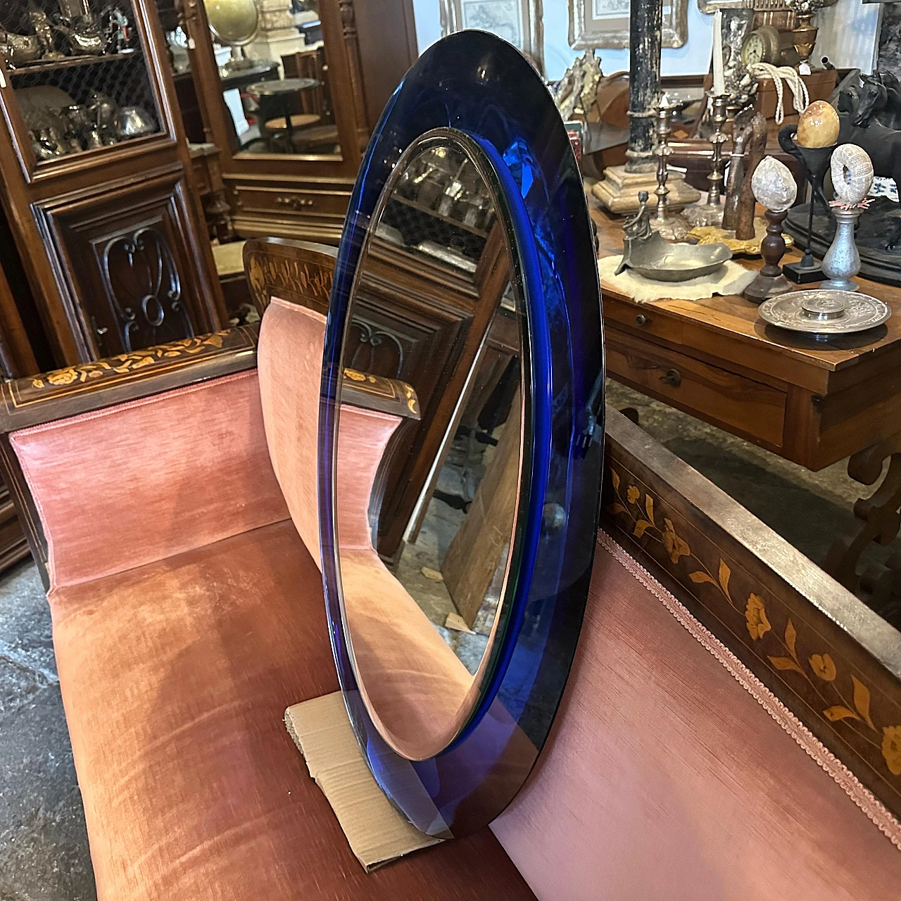 Blue oval wall mirror by Metalvetro Siena, 1970s 9