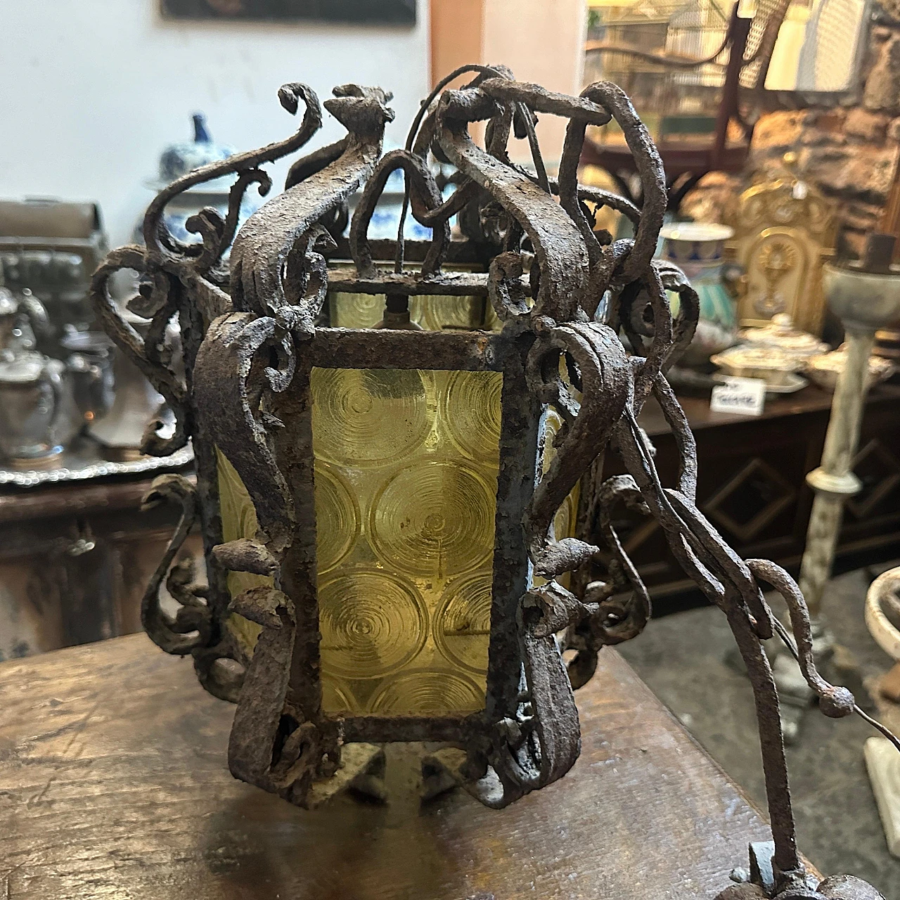 Brutalist iron and yellow glass chandelier, 1960s 10