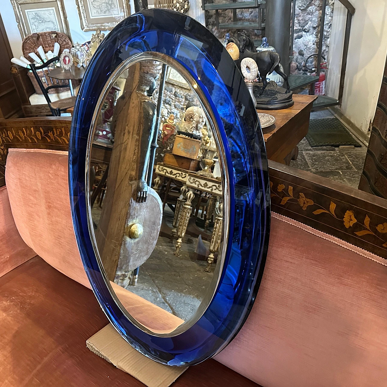 Blue oval wall mirror by Metalvetro Siena, 1970s 10