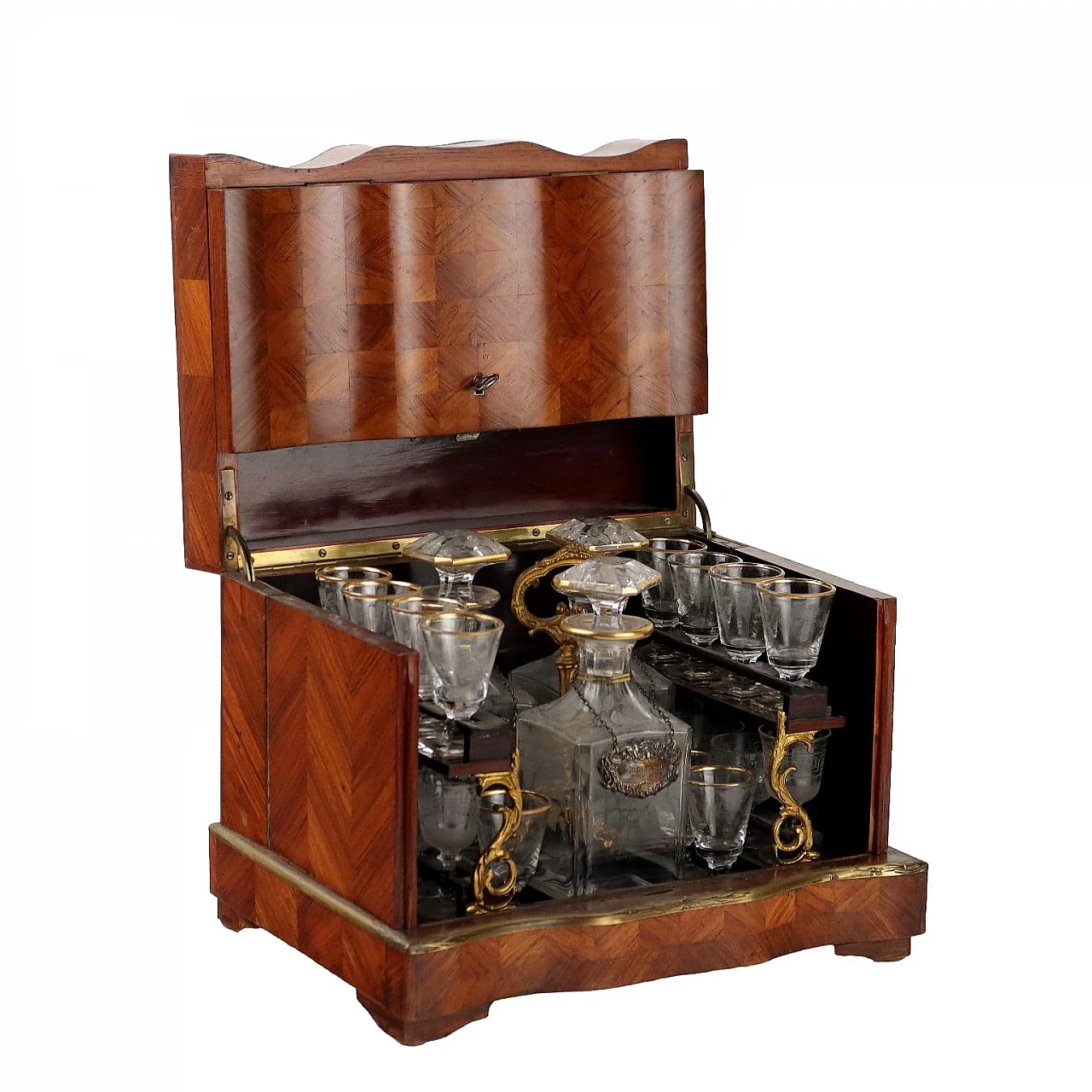 Bois de rose wooden liquor box with glasses & bottles, 19th century 1