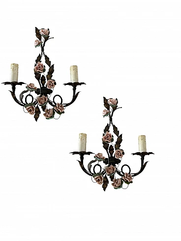 Pair of Italian Tole ceramic flower sconces, 70s