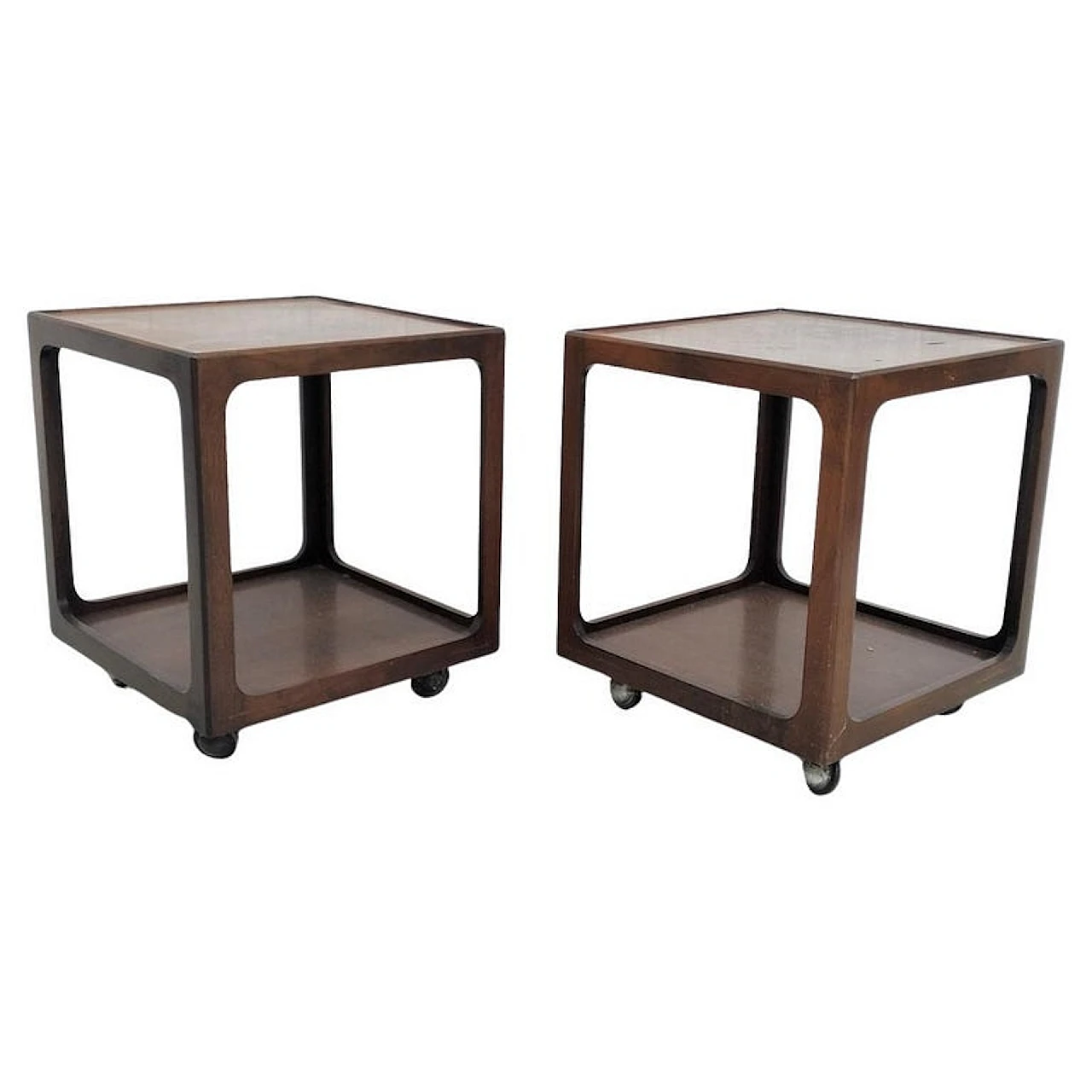 Pair of wooden side tables with wheels, 60s 1