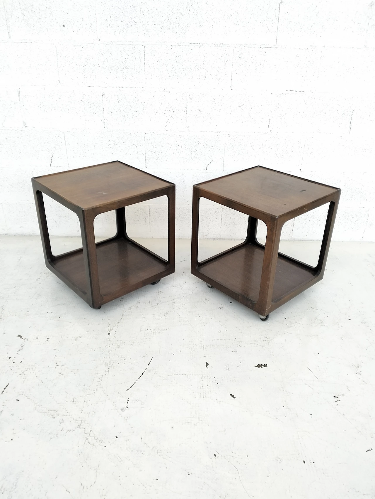 Pair of wooden side tables with wheels, 60s 3