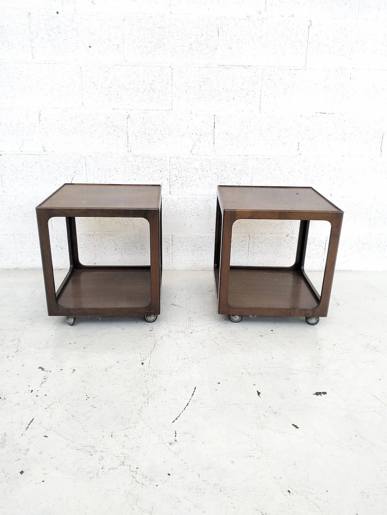 Pair of wooden side tables with wheels, 60s 8