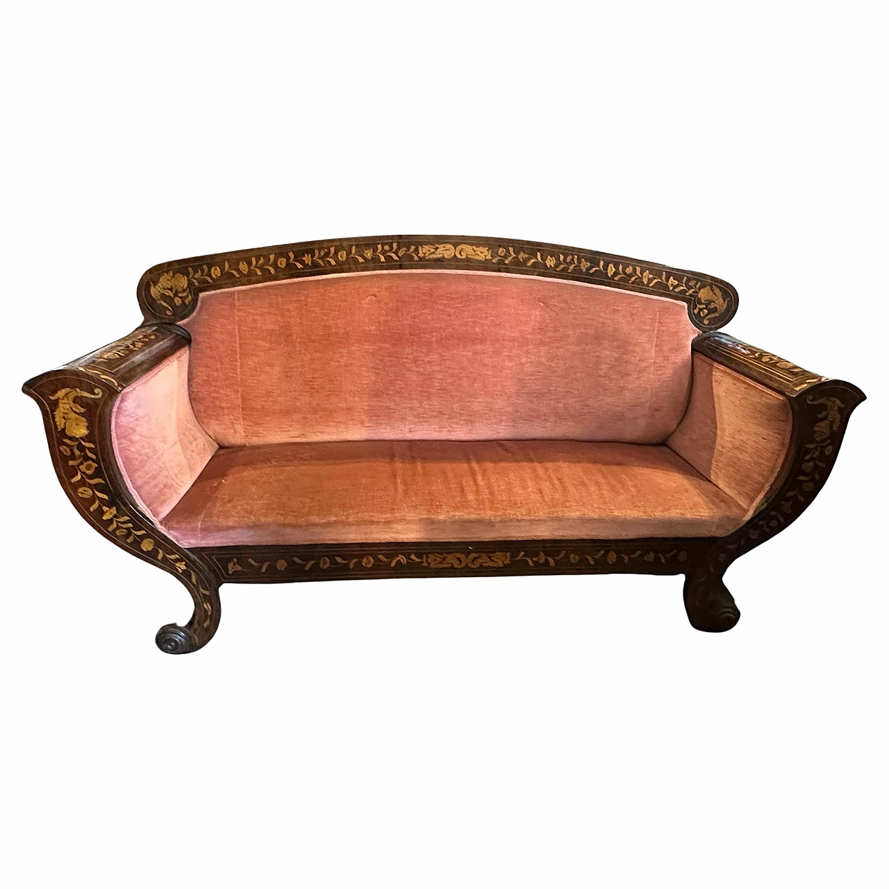 Divano siciliano in legno e velluto rosa di Charles X, '800 1