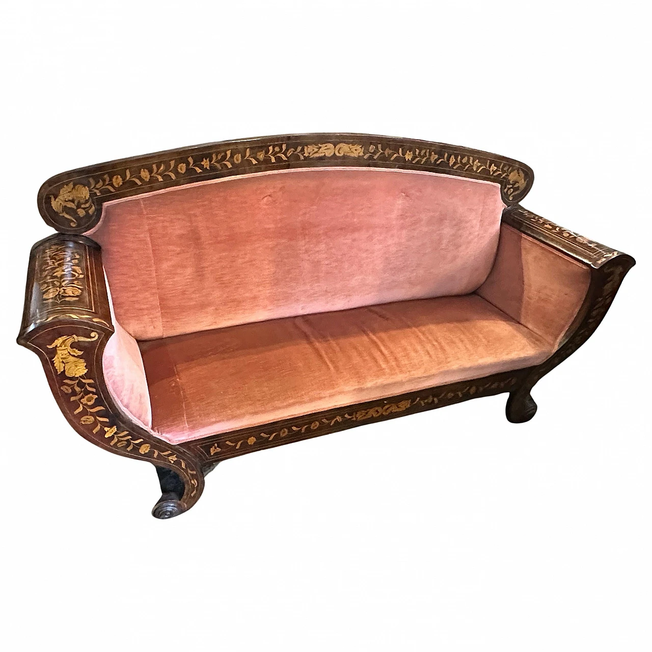 Divano siciliano in legno e velluto rosa di Charles X, '800 2