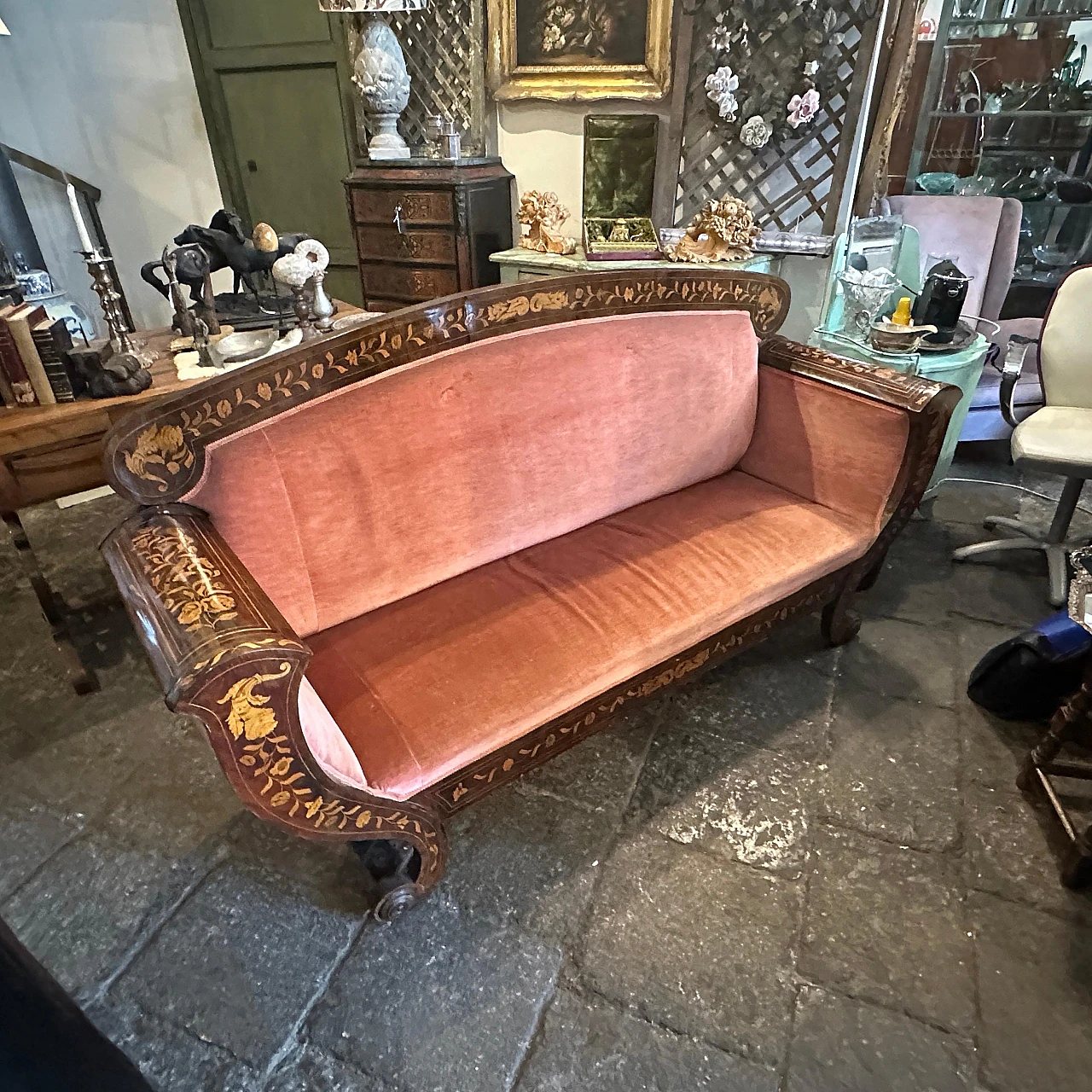 Sicilian wood and pink velvet sofa by Charles X, 19th century 3