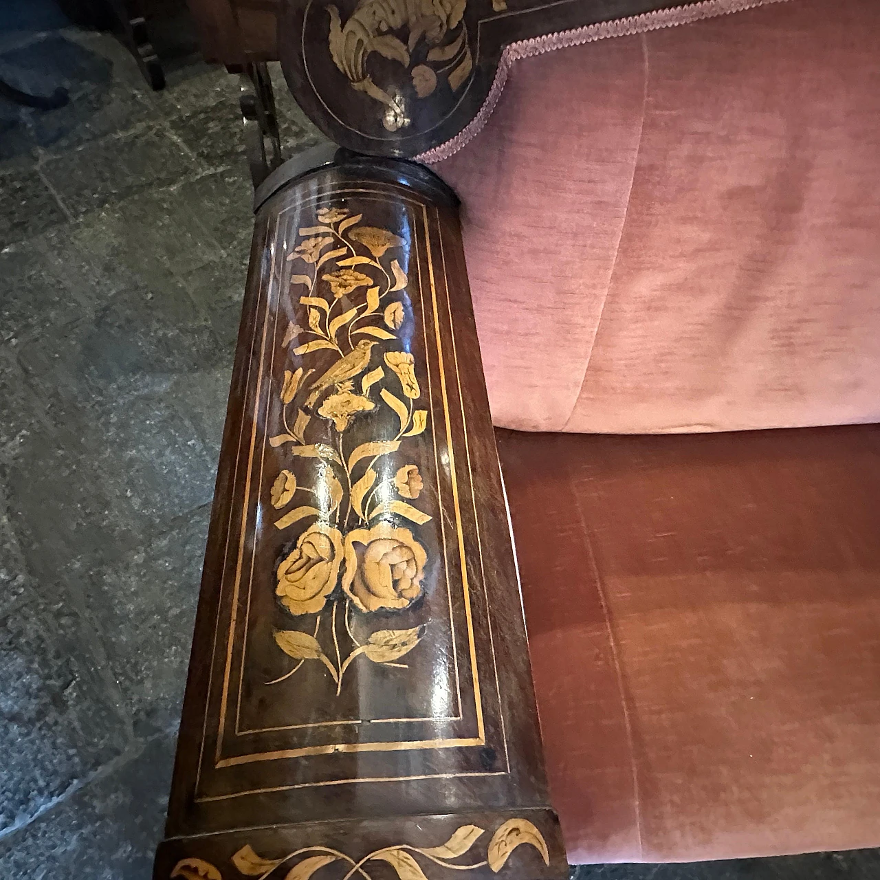 Sicilian wood and pink velvet sofa by Charles X, 19th century 4