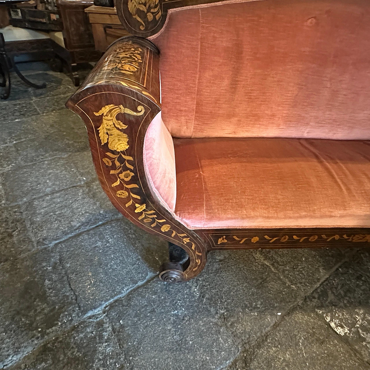 Sicilian wood and pink velvet sofa by Charles X, 19th century 5