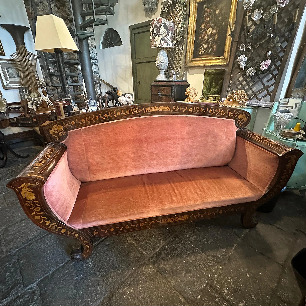 Sicilian wood and pink velvet sofa by Charles X, 19th century 6