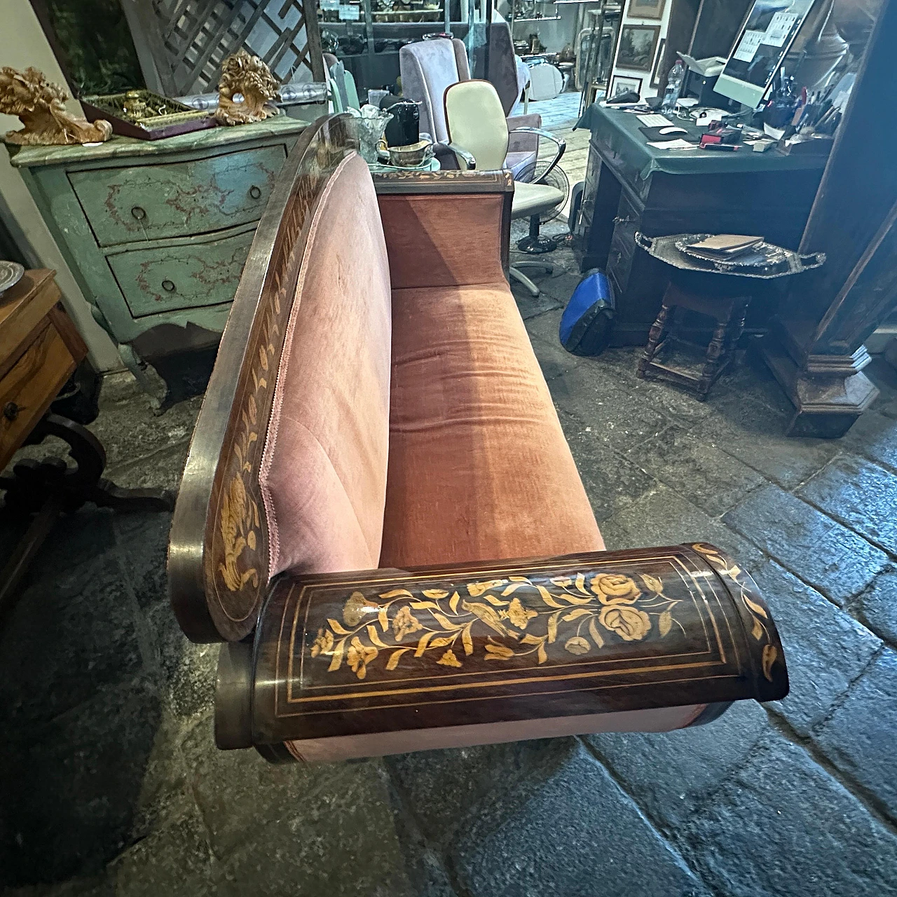 Sicilian wood and pink velvet sofa by Charles X, 19th century 7